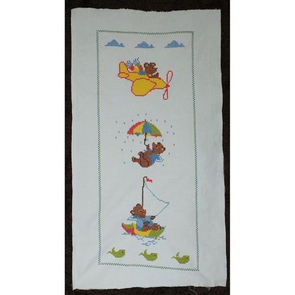 VTG Cross Stitched Baby Nursery Art Wall Decor Bear Plane Boat Completed - Picture 1 of 5